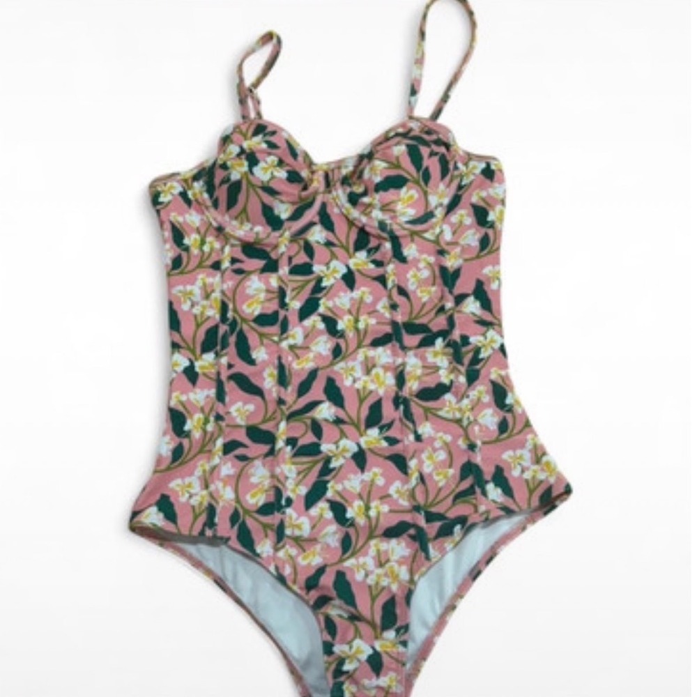 Pink Floral Print One Piece Swimsuit Women's‎ Size Small Built in Bra